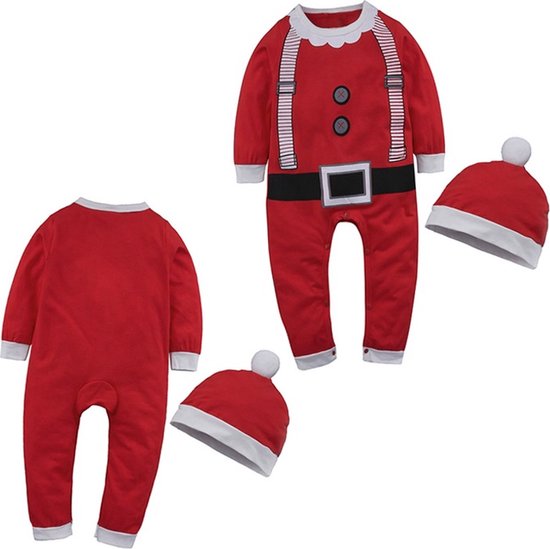 Een rode kerstman romper met bretels en een zwarte riem, naast een romper en twee mutsen.