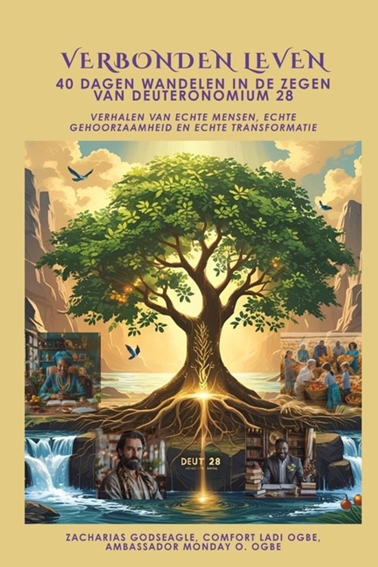 Boek "Verbonden Leven" met de tekst "40 dagen wandelen in de zegen van Deuteronomium 28" en een afbeelding van een levensboom boven een waterval.