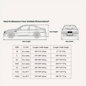 Diagram toont hoe uw voertuigafmetingen te meten voor een autohoes, met maten voor sedans en SUV's.