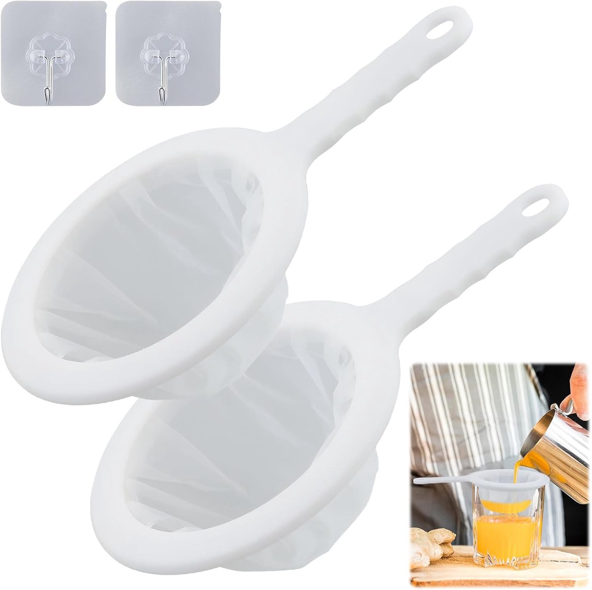 2 stuks keukenzeef kunststof (200 mesh), extra fijnmazige zeef, fijne nylonmazen, fijne zeef met handvat, geschikt voor het filteren van yoghurt, melkzuurwijn en honing (met 2 zelfklevende haken)