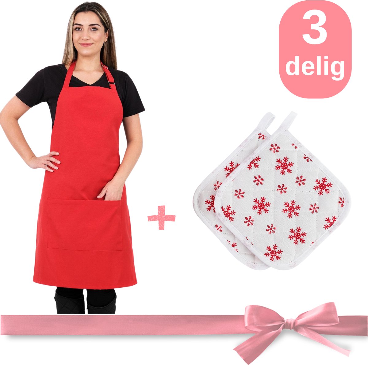 Feestelijke Keuken Set - Keukenschort - Rood - 65 x 95 cm - met 2 Pannenlapen Sneewvlokken Patroon - 3 Delig Cadeaupakket - Verstelbaar Keukenschort Dames - Horecakwaliteit