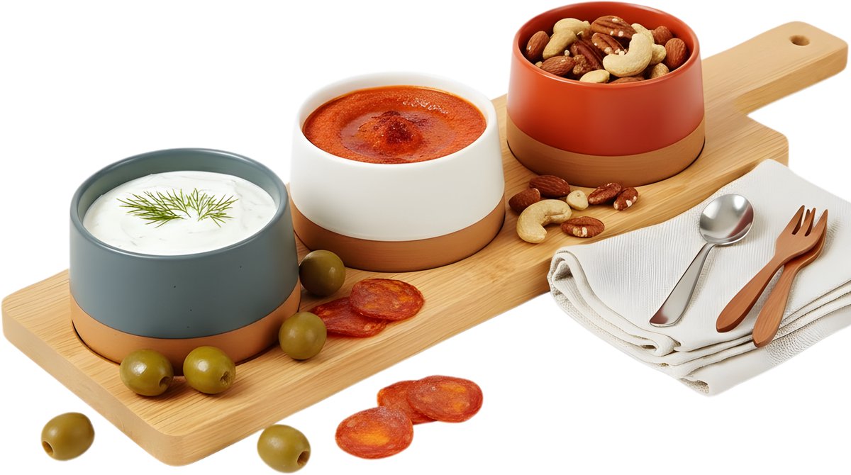 Lomera Tapas Serveerset - Bamboe Serveerplank - Aardewerk Schaaltjes - Vaatwasbestendig Schaaltjes - Tapasplank - Serveerplank Met Schaaltjes - Tapas Serveren - Borrelplank - Tapas Servies