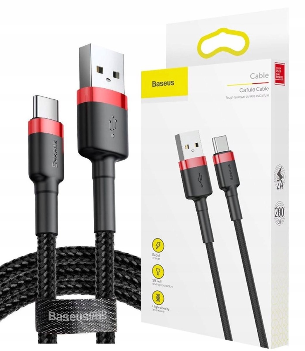 Baseus - Cafule - Kabel Duurzame Nylon Kabel USB / USB-C QC3.0 2A 2M Zwart-Rood - (CATKLF-C91)