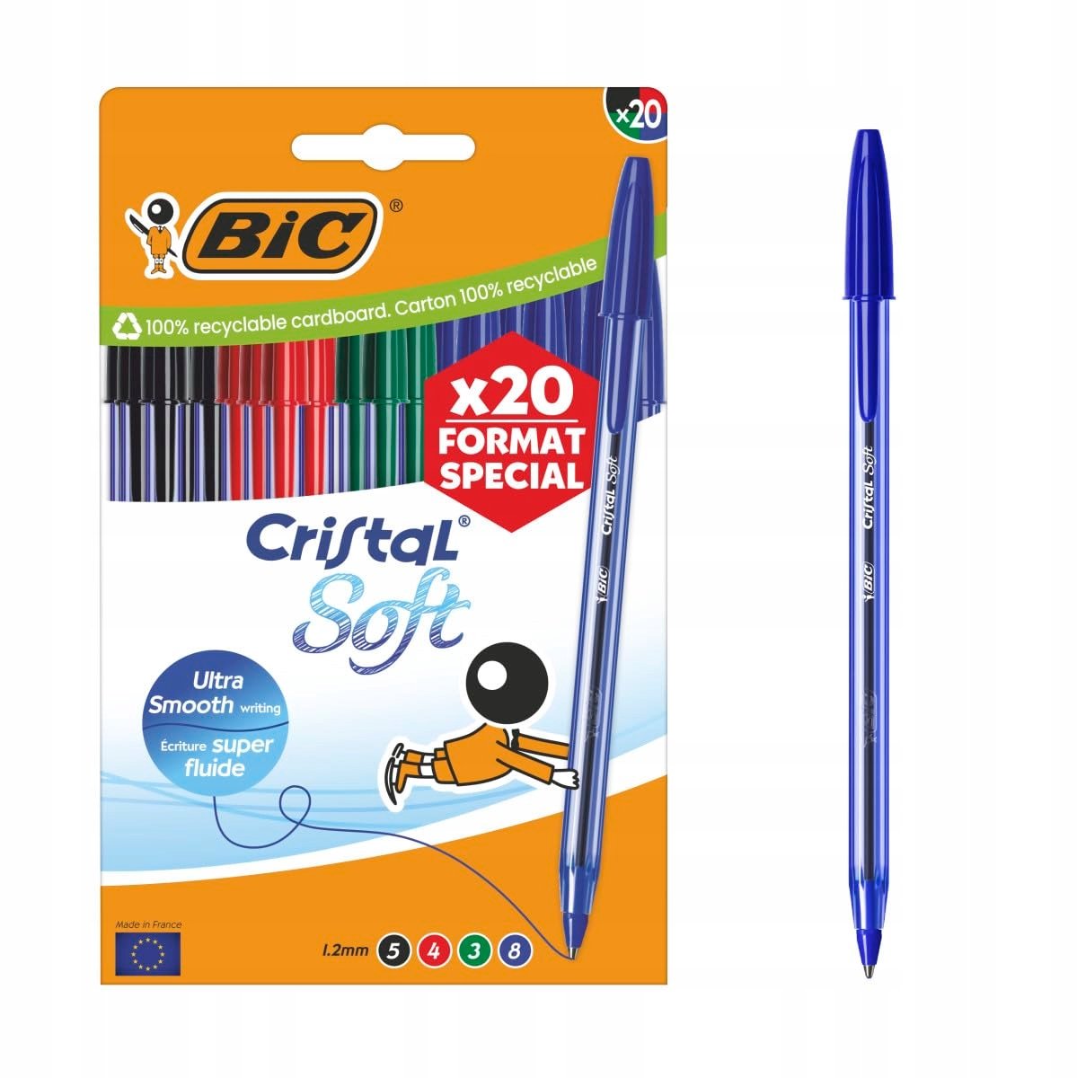 BIC Cristal Soft Medium pen, 1,2 mm, 4 kleuren, 20 st