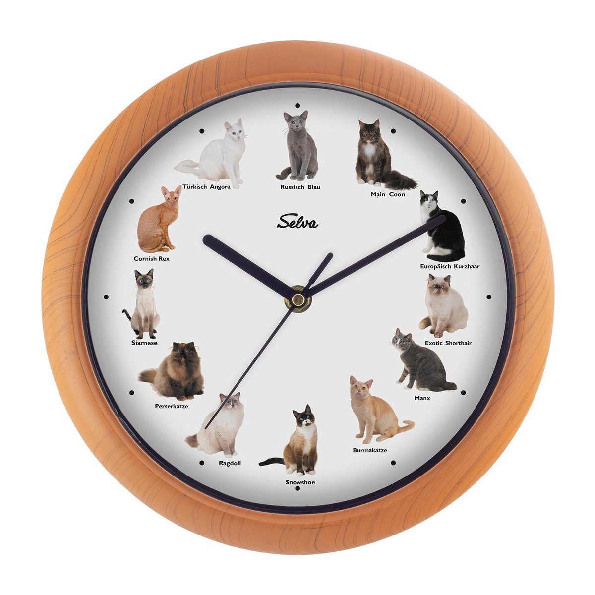 SELVA dierenklok, wandklok, met dierengeluiden op elk uur en kleurrijke illustraties, kunststof kast, houtlook