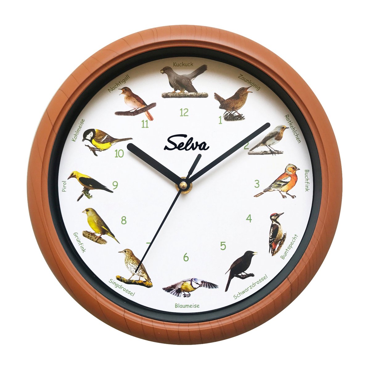 SELVA dierenklok, wandklok, met dierengeluiden op elk uur en kleurrijke illustraties, kunststof kast, houtlook