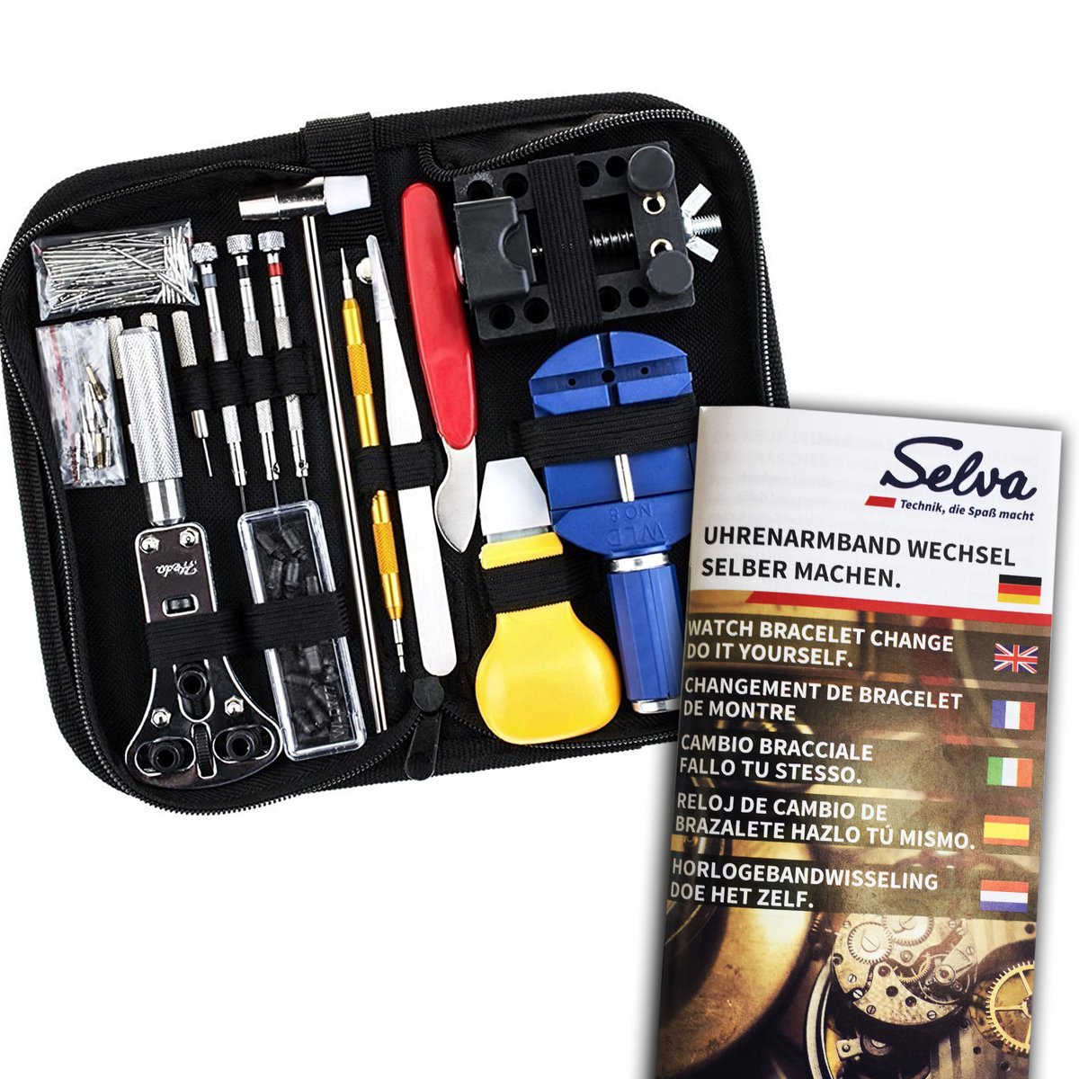 Horlogemakersgereedschapset, perfect afgestemde selectie, geschikt voor horlogereparaties, 147-delig, inclusief instructies voor het vervangen van de band, in nylon tas
