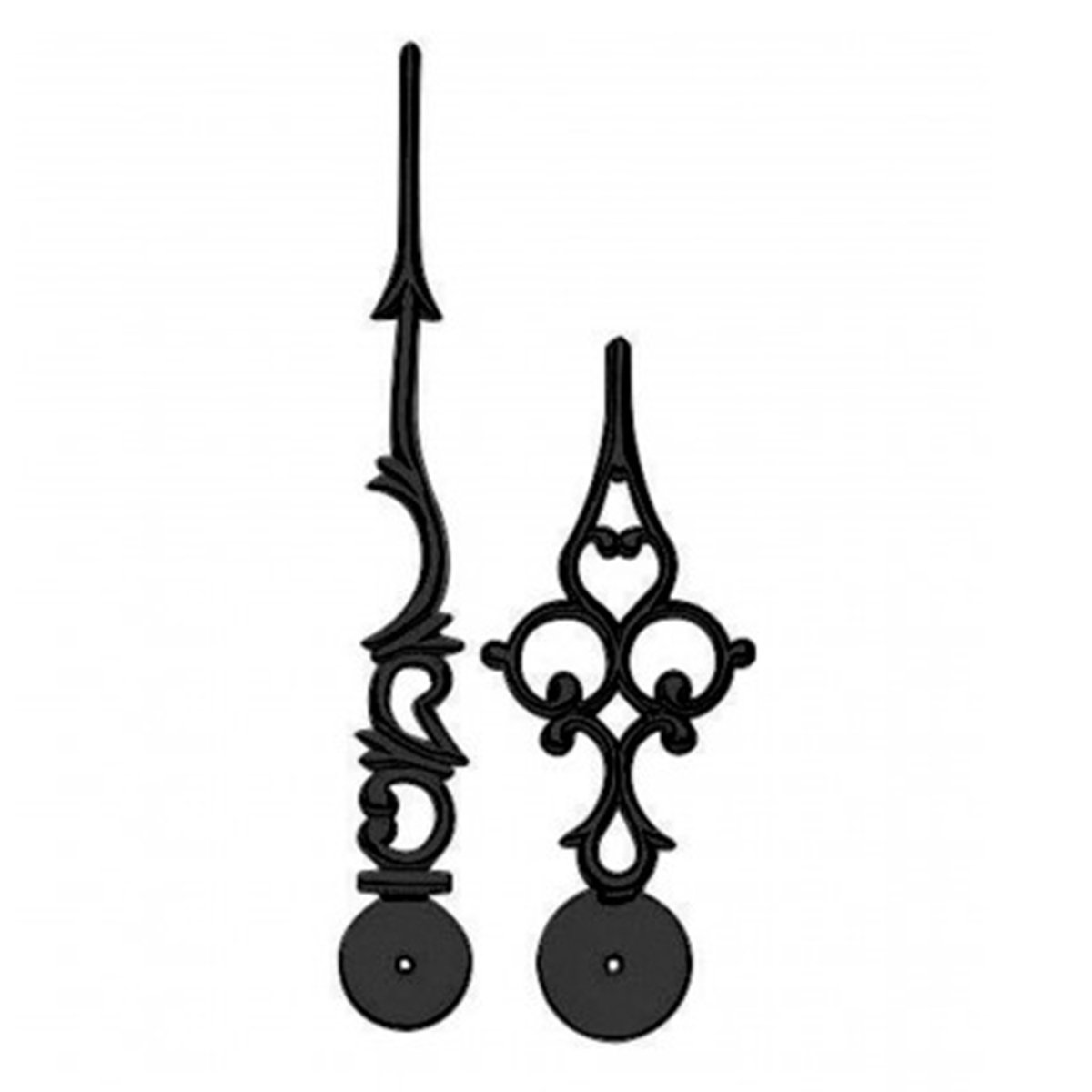 Paar antieke zwarte Euronorm minutenwijzers, lengte 76 mm