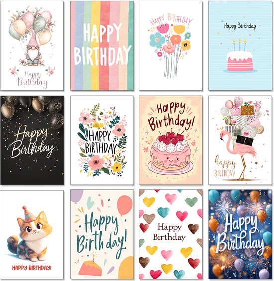 Wenskaarten + Enveloppen 12 stuks – Dubbele Kaart van Stevig Papier – Wenskaart / Wenskaarten Blanco (Wenskaarten Zonder Tekst) – Wenskaarten Verjaardag – Verjaardagskaart – Verjaardagskaarten met Envelop – Inclusief Kraft Enveloppen – Compleet