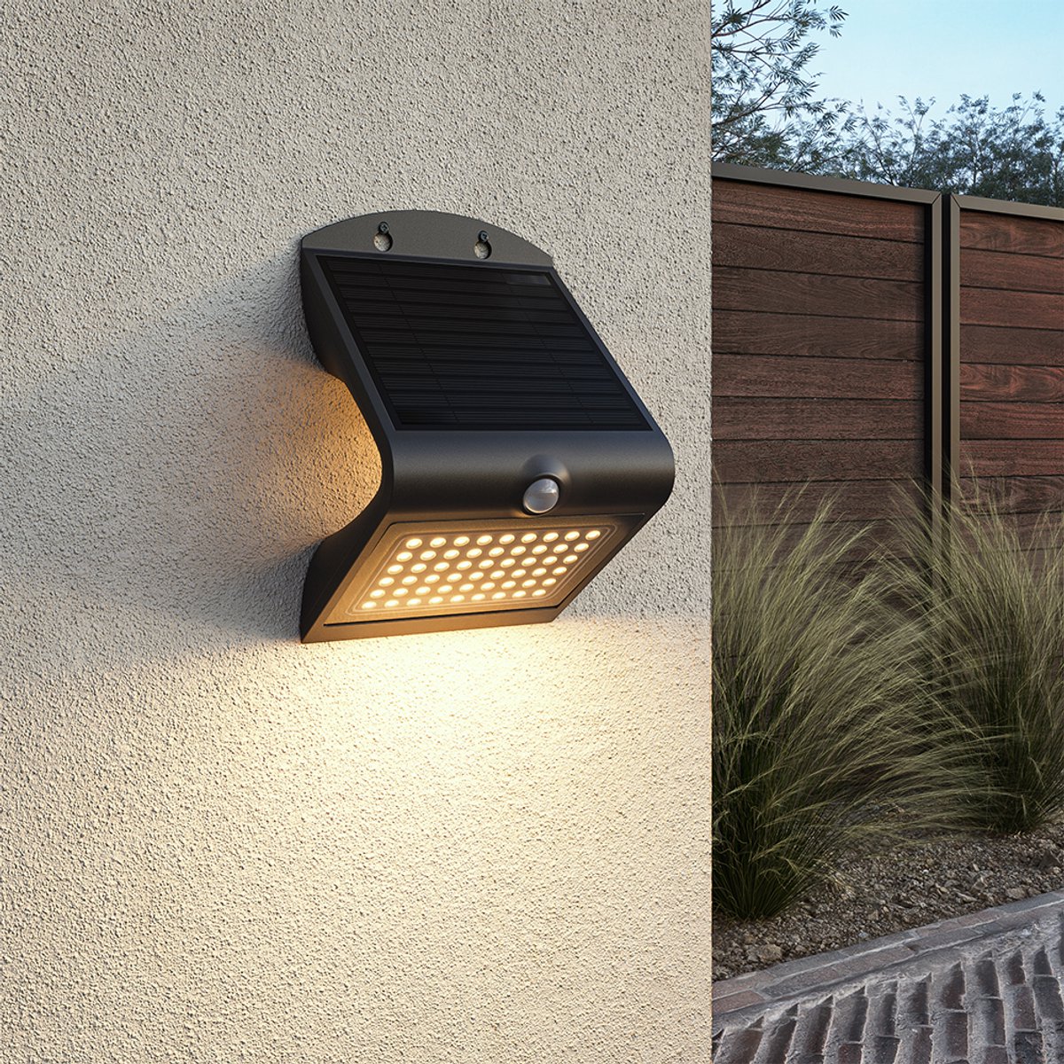 HOFTRONIC Rhodes Solar Wandlamp Up & Down - met Bewegingssensor - 4W - 3000K Warm wit - 2 lichtstanden - IP65 waterdicht - Wandlamp Schutting - Zwart