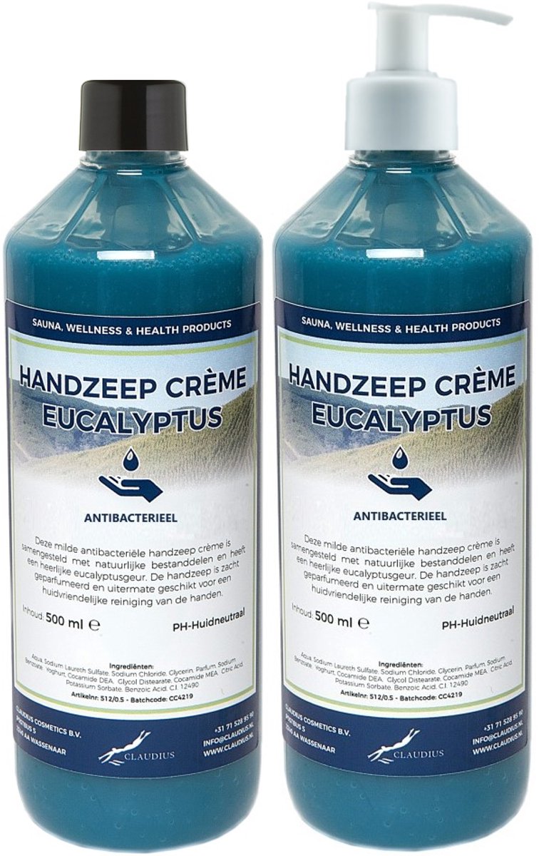 Handzeep Crème Eucalyptus 500 ml - set van 2 stuks - met gratis pomp - Voordeelverpakking