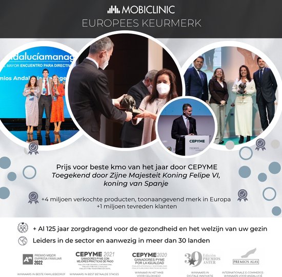 Groepsfoto van mensen die prijzen ontvangen, koning Felipe VI, zakenmensen.