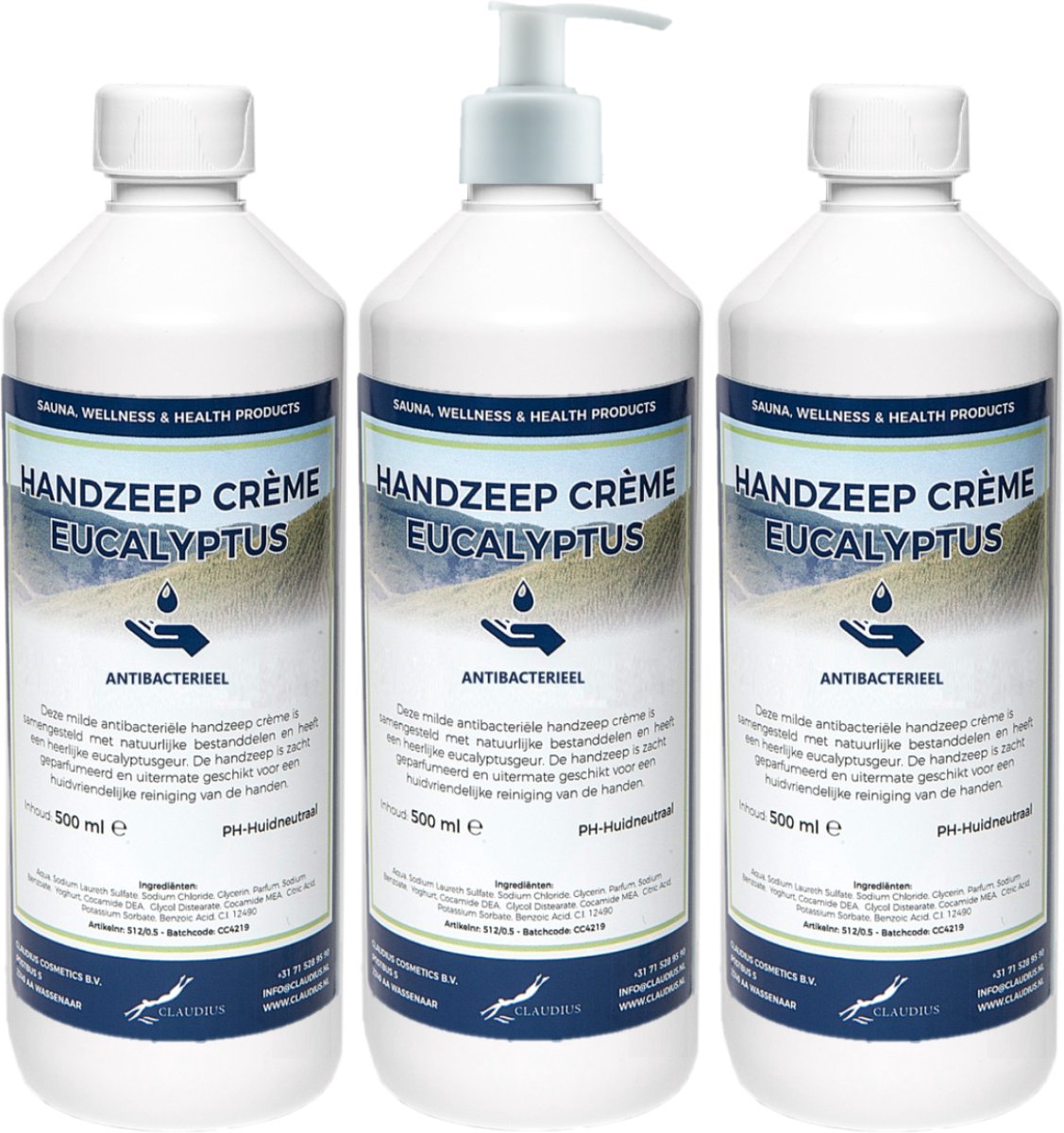 Handzeep Crème Eucalyptus 500 ml - set van 3 stuks - met gratis pomp - Voordeelverpakking