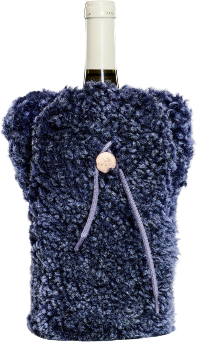 Kywie® champagnekoeler van schapenvacht – wijnkoeler - 100% natuurlijk – 0,75l – temperatuurbehoudend - geschikt voor champagne, wijn, bourgogne, waterflessen - Blauw reverse