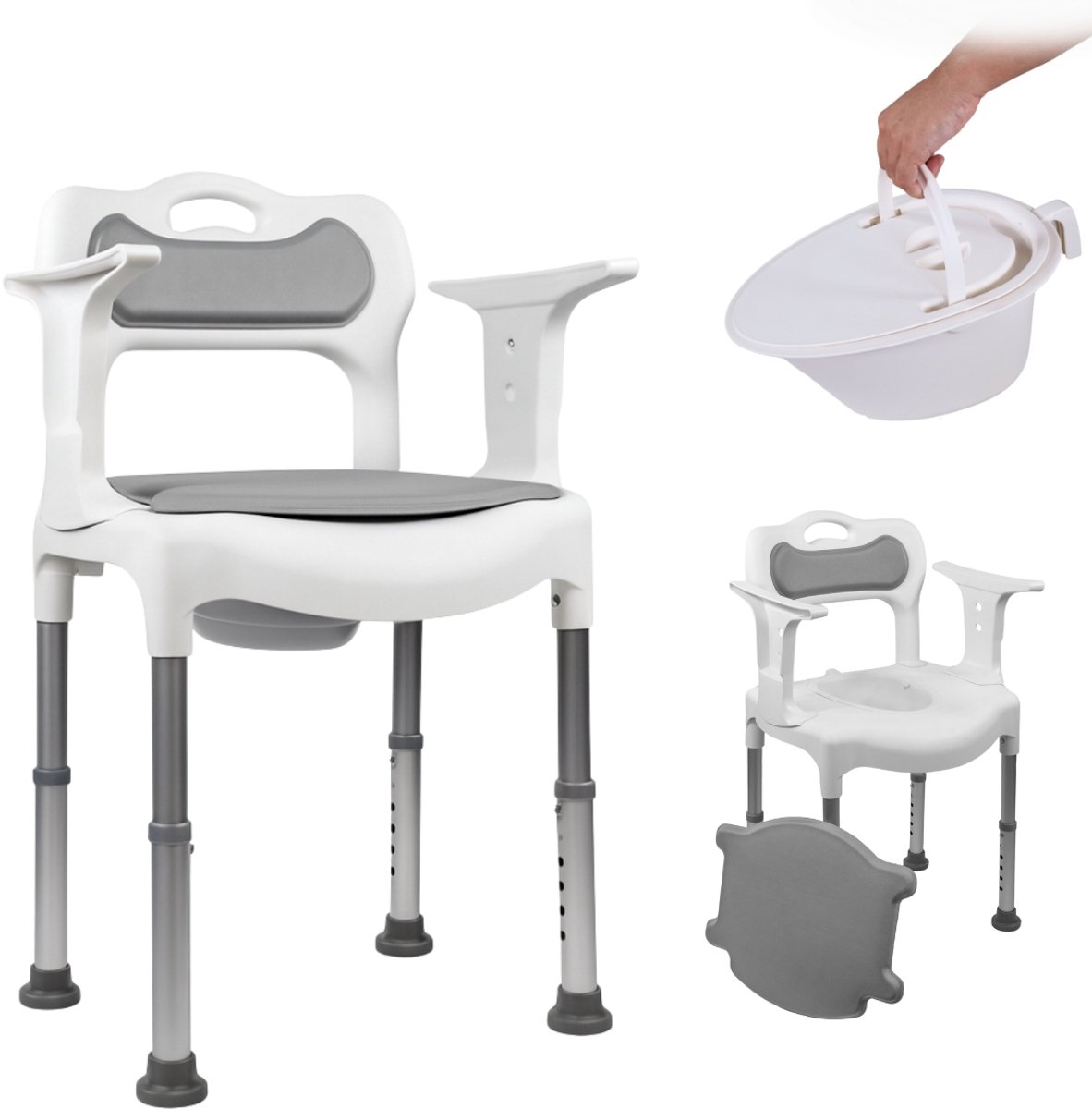 Mobiclinic Guido - Toiletstoel - Douchestoel - 3 in 1 - Postoel met WC - Met Arm en gewatteerde rugleuning - Met toiletemmer - Commode Stoel - In hoogte verstelbaar - Antislip - WC stoel - Roestbestendige - Wit en grijs