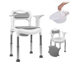 Mobiclinic Guido - Toiletstoel - Douchestoel - 3 in 1 - Postoel met WC - Met Arm en gewatteerde rugleuning - Met toiletemmer - Commode Stoel - In hoogte verstelbaar - Antislip - WC stoel - Roestbestendige - Wit en grijs