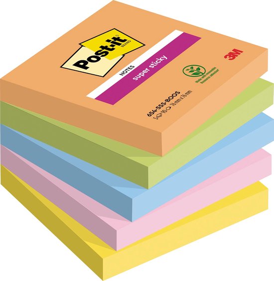 Post-it Super Sticky Notes Boost, 90 feuilles, pi 76 x 76 mm, couleurs assorties, paquet de 5 blocs