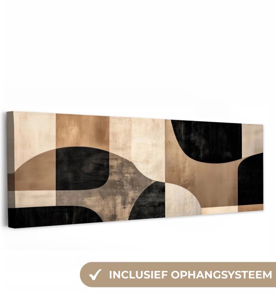 Abstract schilderij met beige, bruine en zwarte vlakken en rondingen. Inclusief ophangsysteem.