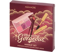 Max & More Miss Always Gorgeous | Make-upset | Beauty kit make-up | 3-delig (Oogschaduw, Mascara & Lippenstift) | Make-upgeschenkset & Cadeauset | Oogschaduwpalet, Mascara Zwart & Glanzende Lippenstift | Beauty Cosmetica Set |Kerst Cadeau Tip! #1