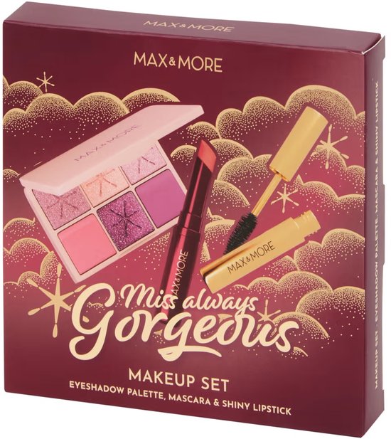 Max & More Miss Always Gorgeous | Make-upset | Beauty kit make-up | 3-delig (Oogschaduw, Mascara & Lippenstift) | Make-upgeschenkset & Cadeauset | Oogschaduwpalet, Mascara Zwart & Glanzende Lippenstift | Beauty Cosmetica Set |Kerst Cadeau Tip! #1