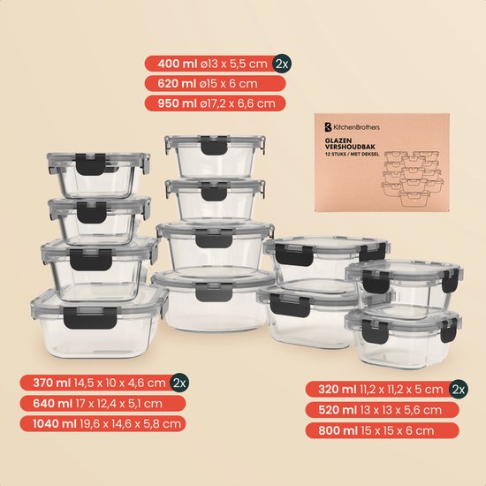 Set de 12 Boîtes de conservation de Prep KitchenBrothers en Verres hermétique, sans BPA, pour la congélation et le stockage des repas. Glas : 6,79 L.