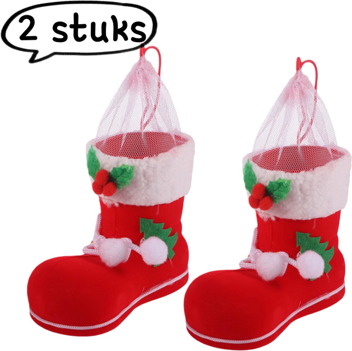Rode kerst laarzen ornamenten in een snoepdoos - vakantie decoratie.