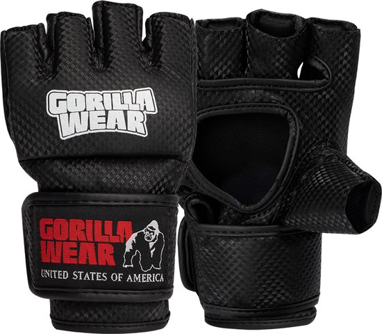 Zwarte Gorilla Wear MMA handschoenen met open vingers, textuur met kleine ruiten, witte GORILLA WEAR tekst op de rug en een patch met rode GORILLA WEAR tekst en aaplogo op de polsband.