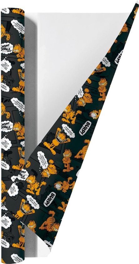 Donker kaftpapier met Garfield en Odie, met tekst "CHOMP GOBBLE BURP!".