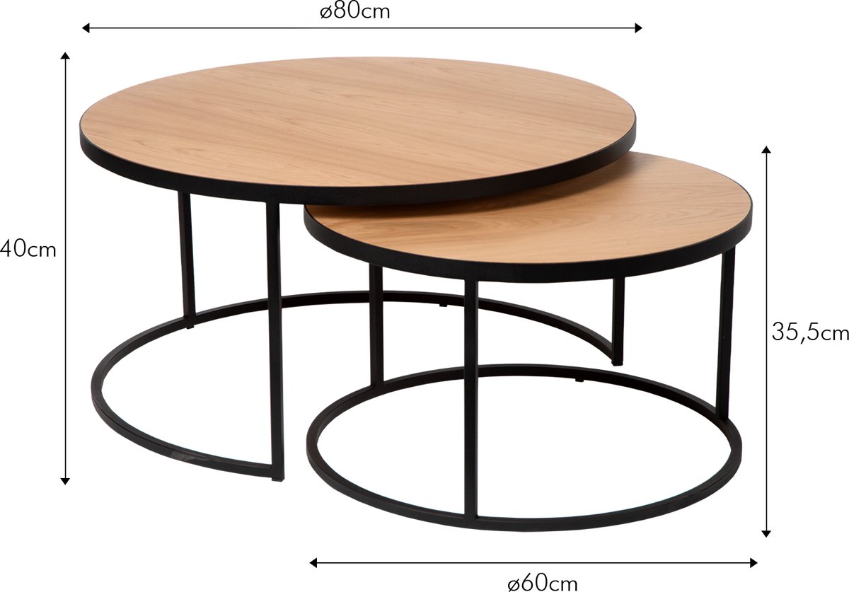 Atmooz Shafir Salontafelset - Set Van 2 Ronde Salontafels Ø80 + Ø60 Cm - Salontafel Rond Voor Moderne Interieurs - Bijzettafel Woonkamer In Hout En Metaal Met Veilige Afgeronde Randen - Moderne Koffietafel Industrieel Woonkamers - Naturel En Zwart