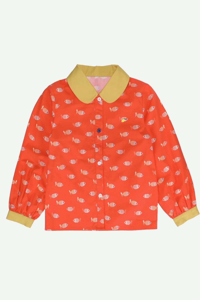Sticky Lemon - blouse - vissen overal - rode hoed + rietgroen