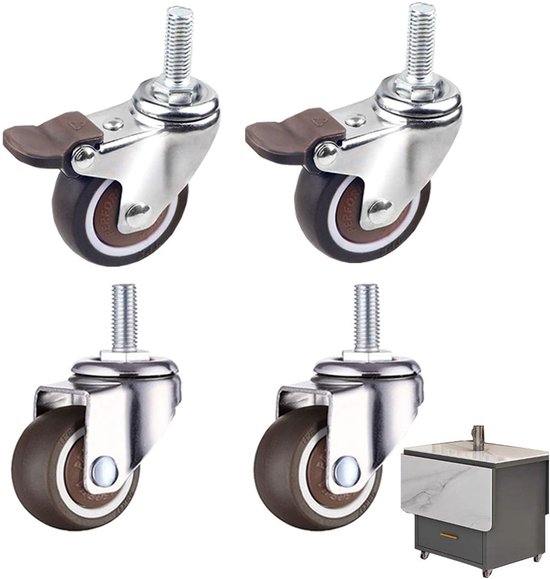 Set de 4 roulettes pivotantes à 360° avec filetage M8, capacité de charge 40 kg, 2 avec frein + 2 sans, Roues antidérapantes en caoutchouc pour Meubles, M8 x 15 mm