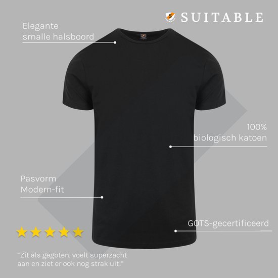 Zwarte Suitable T-shirt met elegante smalle halsboord, moderne pasvorm, 100% biologisch katoen en GOTS-gecertificeerd.