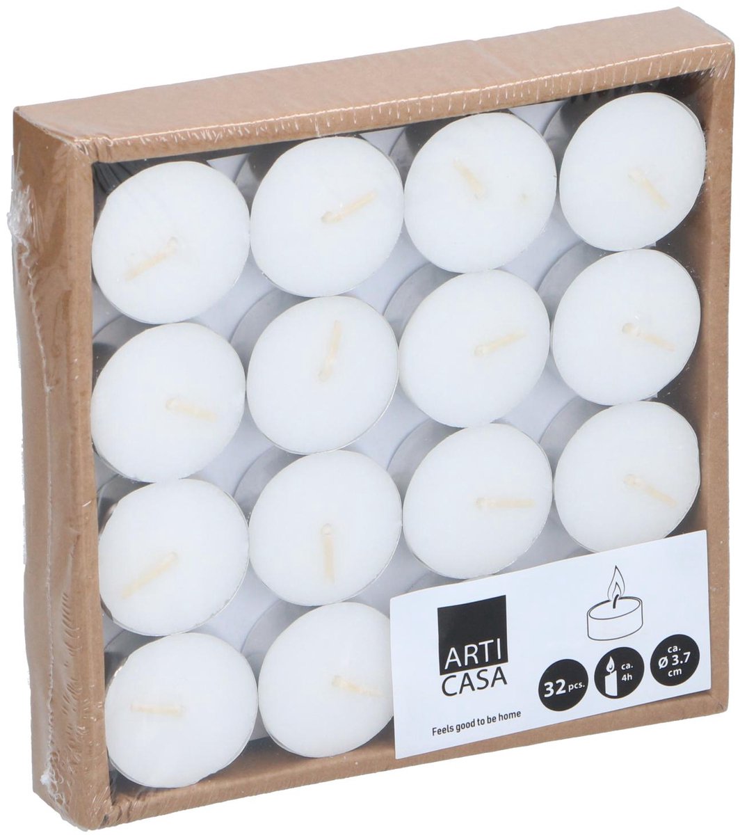 Arti Casa Theelichtjes 32 Stuks - Witte Theelichtjes met 4 Uur Brandtijd - Theelichten Ø3.7 cm - Kaarsen Set voor Decoratie en Dagelijks Gebruik