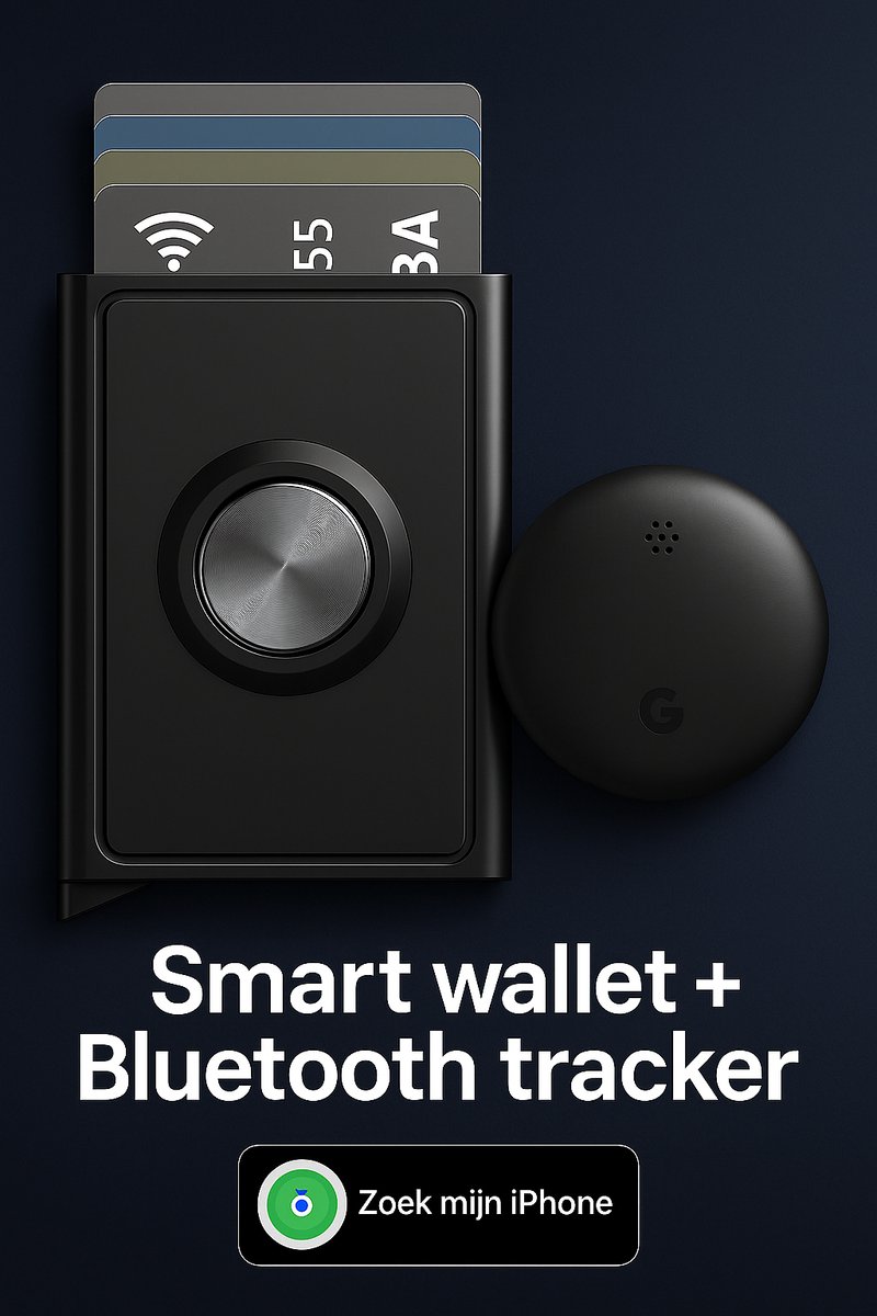 Premium aluminium pasjeshouder met Bluetooth tracker – zwarte RFID kaartenhouder voor 5 tot 7 pasjes – slim click slide uitschuif systeem – compatibel met iPhone Zoek mijn app