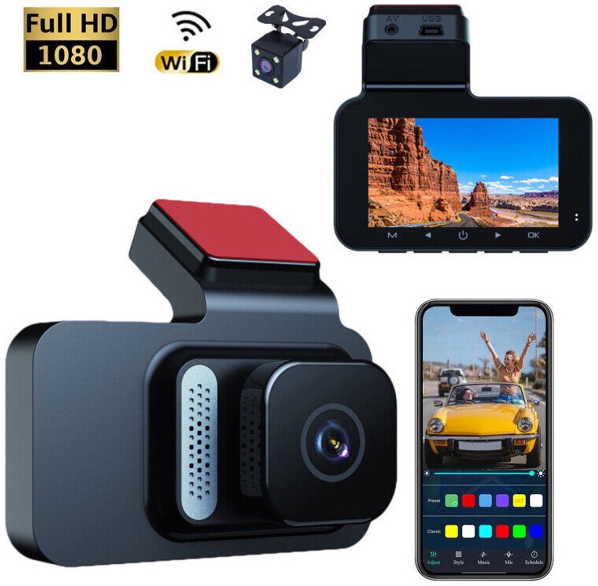 3-inch 1296p + HD dual-lens IPS-scherm + WiFi-auto-DVR