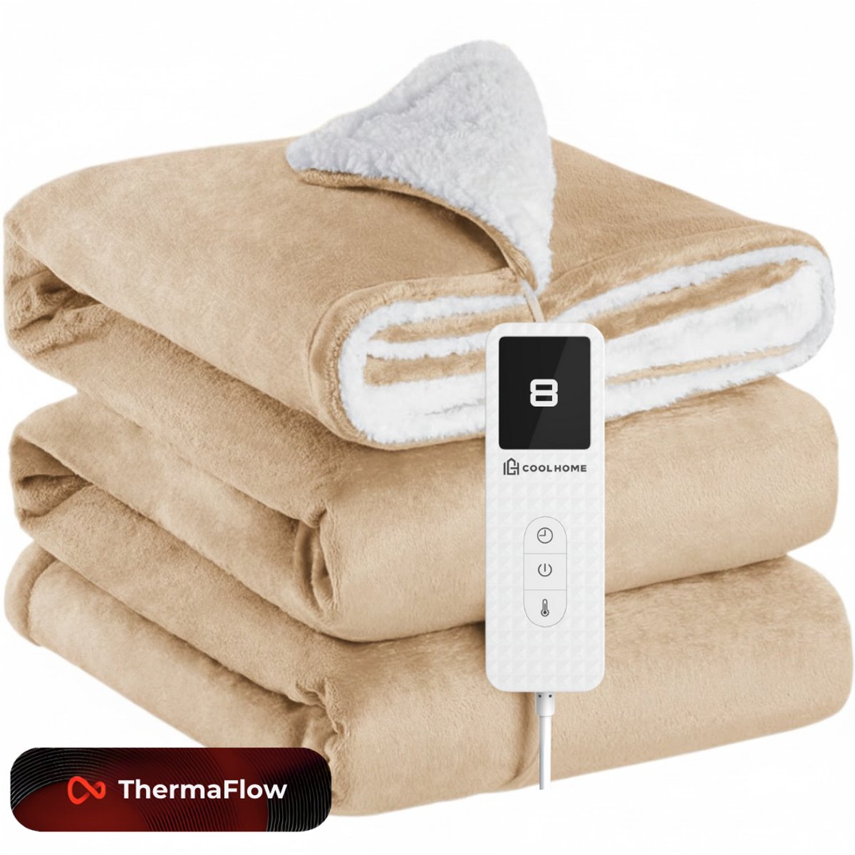 CoolHome HB25 Elektrisch Warmtedeken - Elektrisch deken 130x 180cm - Flanel & Melkfleece – Afstandsbediening – Wasbaar - Beige - CoolHome - €29,00