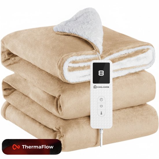 CoolHome HB25 Elektrisch Warmtedeken - Elektrisch deken 130x 180cm - Flanel & Melkfleece – Afstandsbediening – Wasbaar - Beige