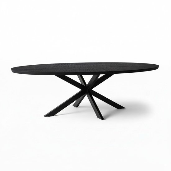 Ovale zwarte tafel met een stervormig Matrix onderstel, geïsoleerd op een witte achtergrond.