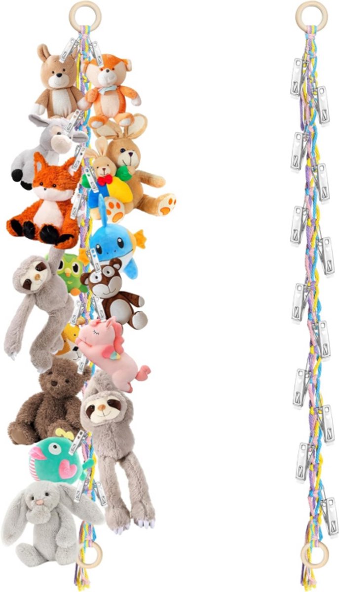 Image of 1 stuk - hangende opbergkettingen voor knuffels - organizer voor knuffels met 20 metalen clips - boheemse stijl pluchen speelgoed opbergketting - displayhouderketting van 200 cm - voor het ophangen van knuffeldieren - kinderkamerdecoratie