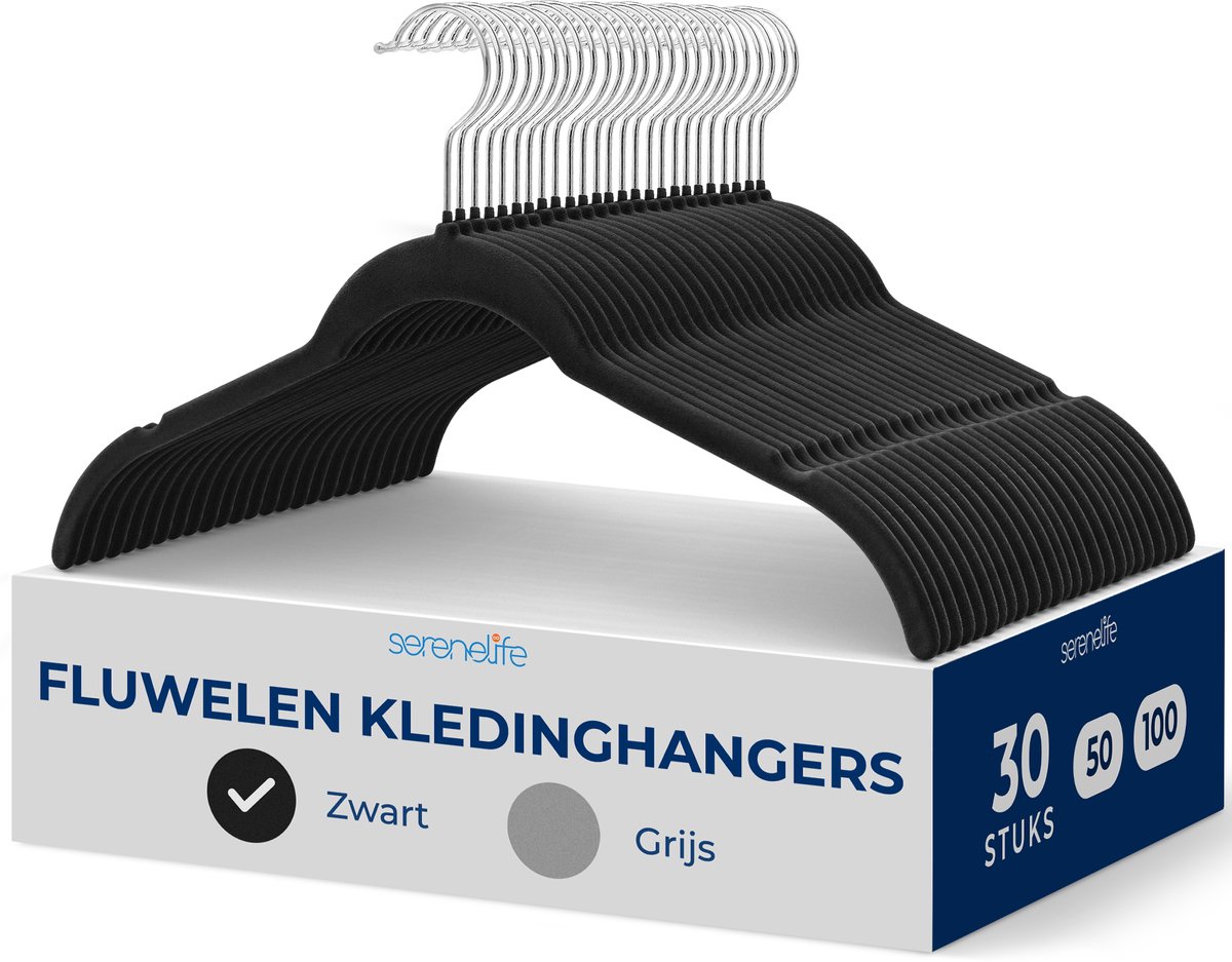 SereneLife Kledinghangers – 30-delige Set Fluwelen Hangers - Zwarte Antislip Hangers met Gemakkelijke Grip - 360° Draaibare Haak