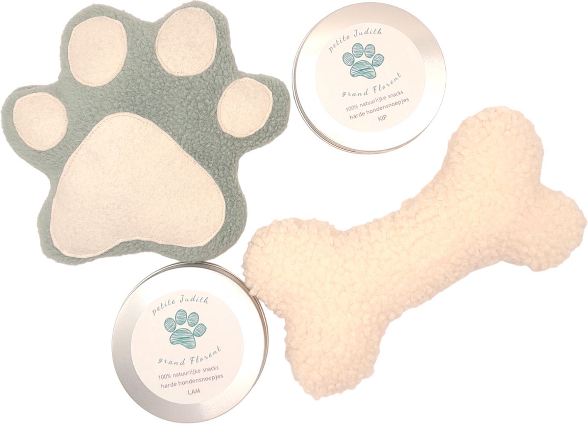 cadeau voor honden - Pretpakket hond – honden speelgoed - hondensnack - Verwenpakket voor kleine hondjes met knuffels en natuurlijke hondensnoepjes - Judith & Florent