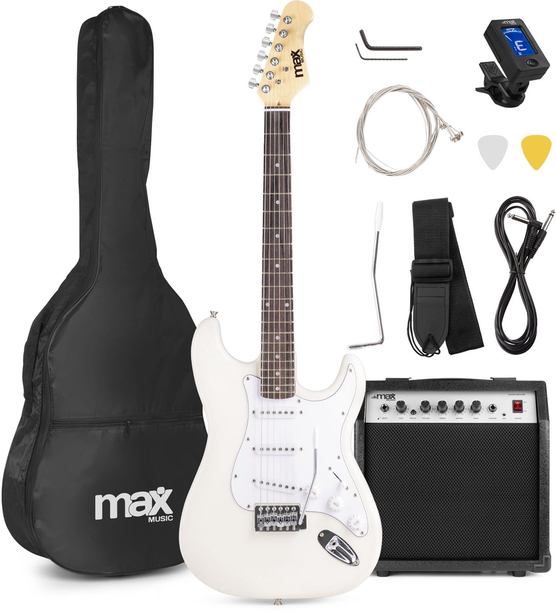 Elektrische gitaar met gitaar versterker - MAX Gigkit - Perfect voor beginners - incl. gitaar stemapparaat gitaartas en plectrum - Wit