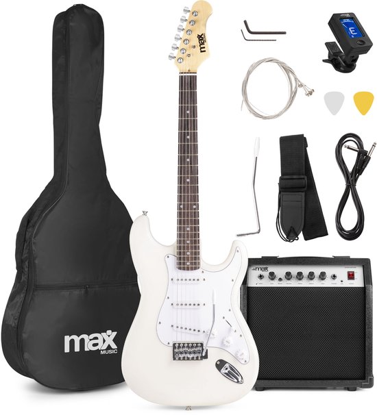 Guitare électrique avec amplificateur de guitare - MAX Gigkit - Perfect pour les débutants - avec accordeur de guitare, housse de guitare et médiator - Wit