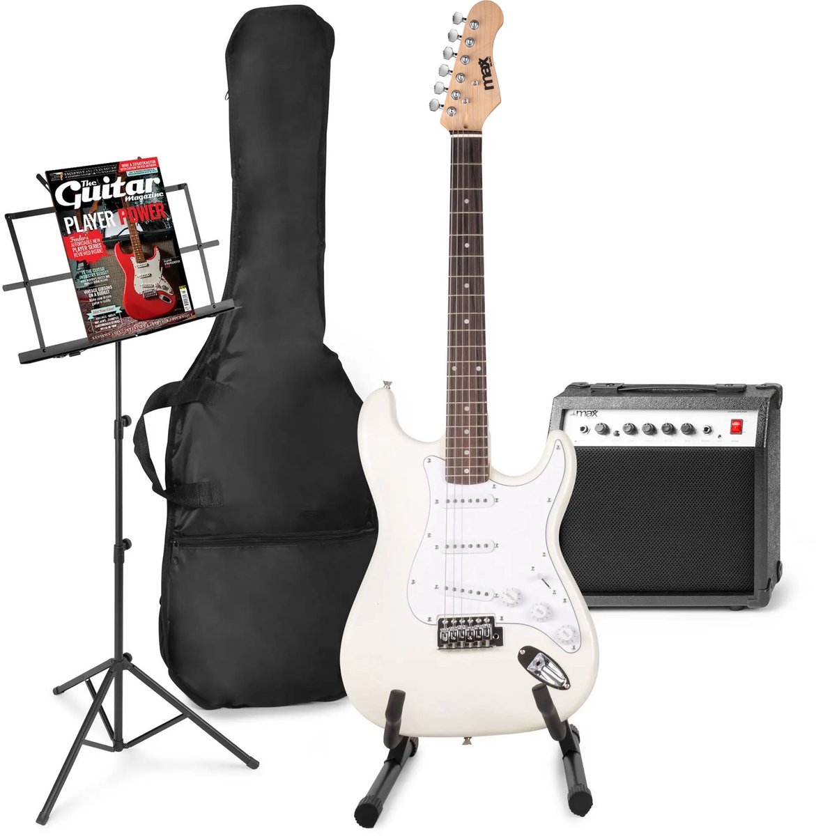 Elektrische gitaar met gitaar versterker - MAX Gigkit - Perfect voor beginners - incl. gitaar standaard muziekstandaard gitaar stemapparaat gitaartas en plectrum - Wit