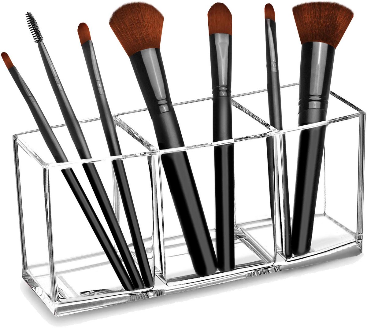 Make-up Organizer Acryl – Transparante Pinselhouder met 3 Vakken – Cosmetica Opbergbox voor Kwasten, Lipsticks & Eyeliner