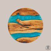 Wood and Olives - Olijfhouten Borrelplank met Epoxy - Handgemaakt - 35 cm - Turquoise
