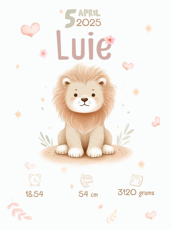 Affiche Bébé / naissance - Lion - Personnalisée avec naam et détails de naissance - 61 x 91 cm - Affiches Bébé