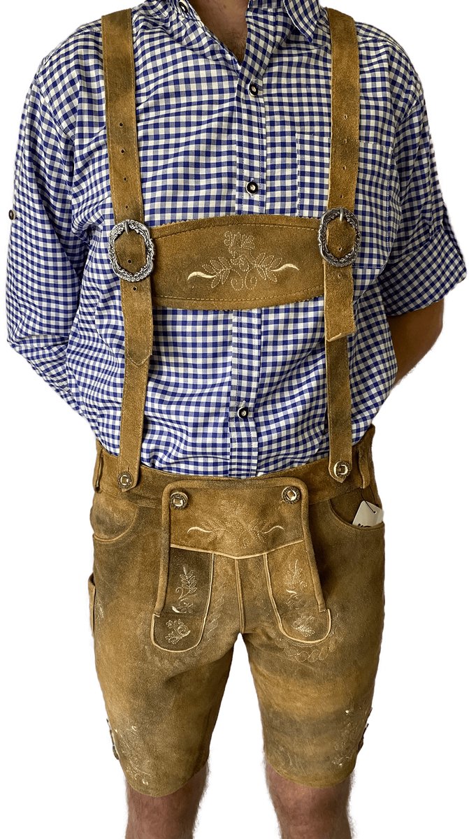 rachten-Shop Lederhose Baumann Heren – Oktoberfest Korte Lederbroek – Lichtbruin – Maat XS – 100% Echt Leder