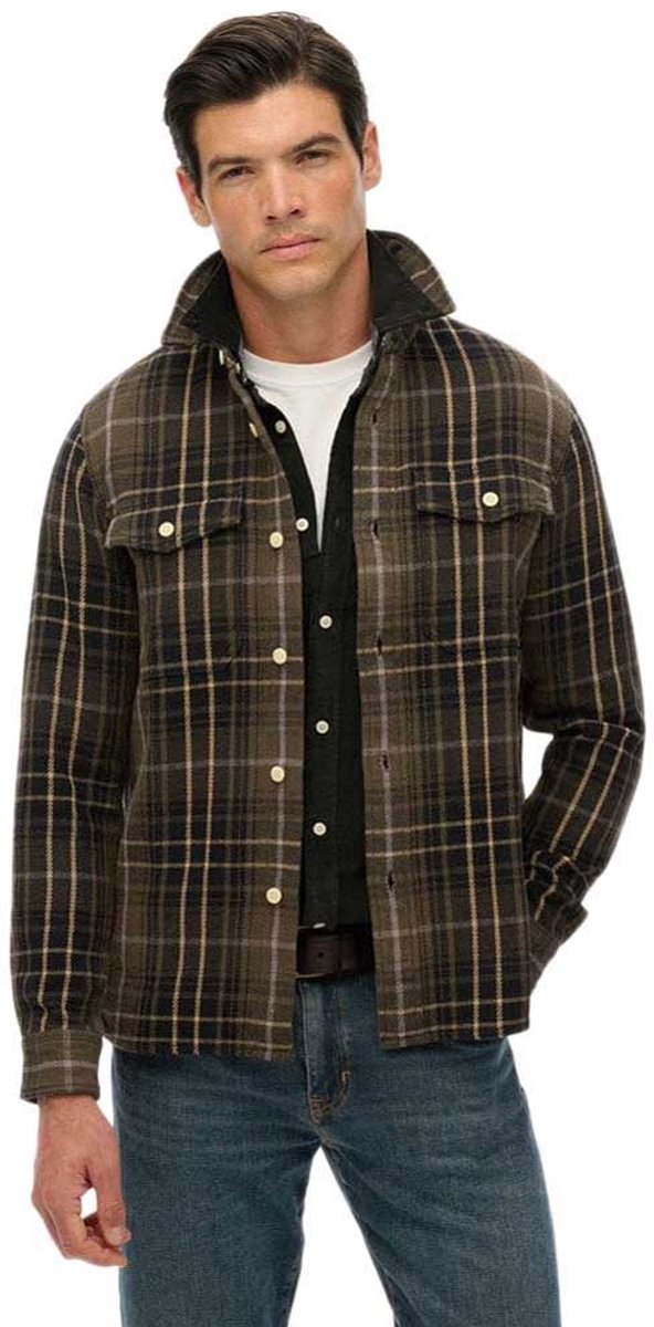 Superdry The Merchant Store Zwaar Geruit Overhemd Heren Lange mouwen shirts Homestead Ombre Olijfgroen
