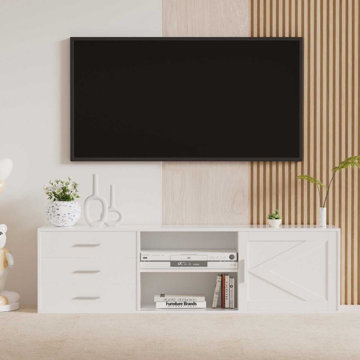 HOMAVO TV-meubel TVG1-S – 160 cm – Modern Laag TV Meubel met Laden & Schuifdeur – Zwart / Wit / Houtlook